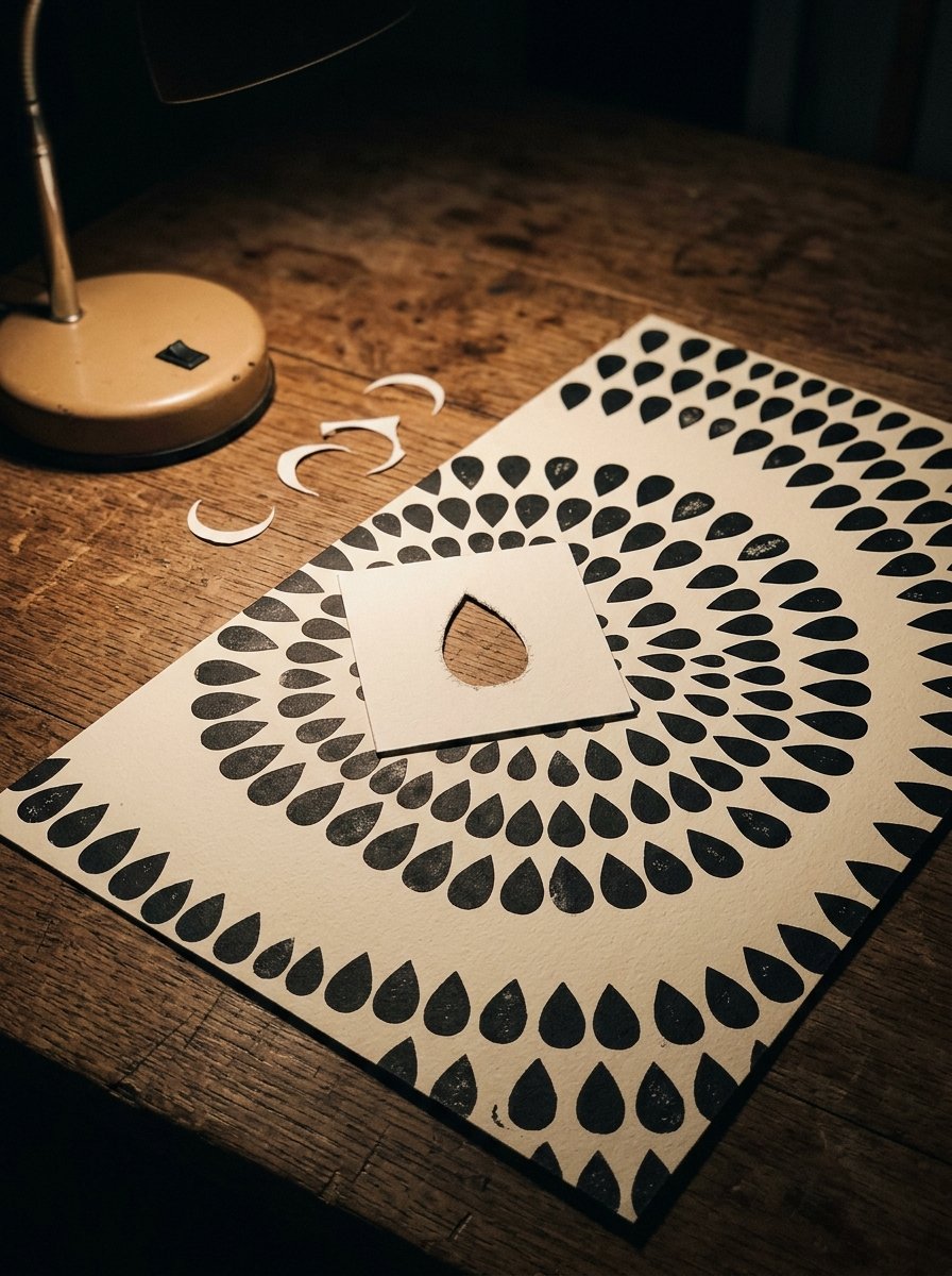 One hand-cut petal stencil on a night worktable, the same petal stamped over and over into rings and a border