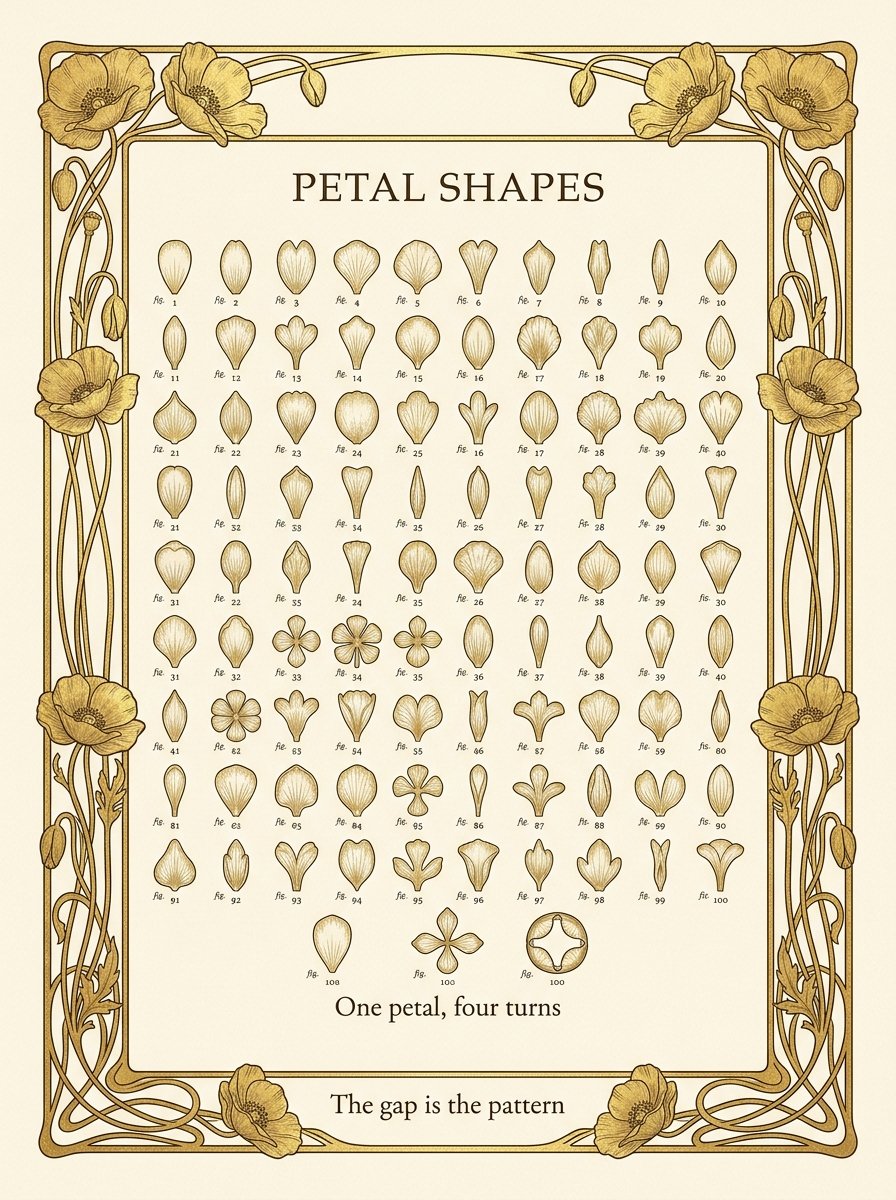 Gilded plate of 100 numbered petal specimens, with one petal turned four ways shown in the lower rows