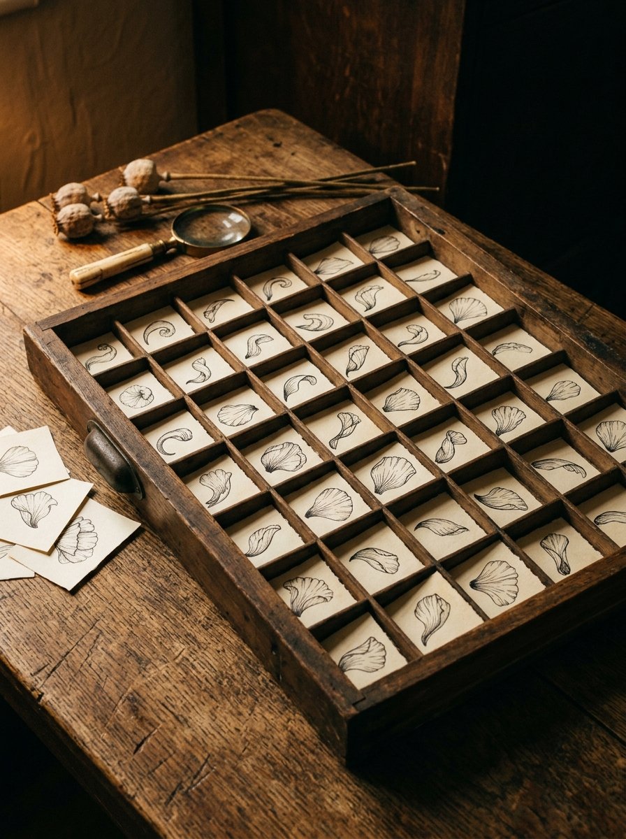 Printer's drawer of small ink studies, every compartment the same petal at a different turn