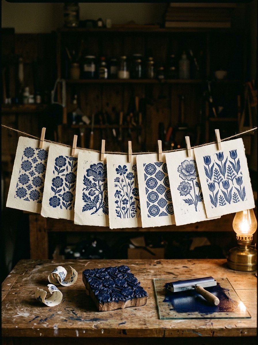 Seven flower patterns to draw printed as repeats and pegged on a drying line above the inked block