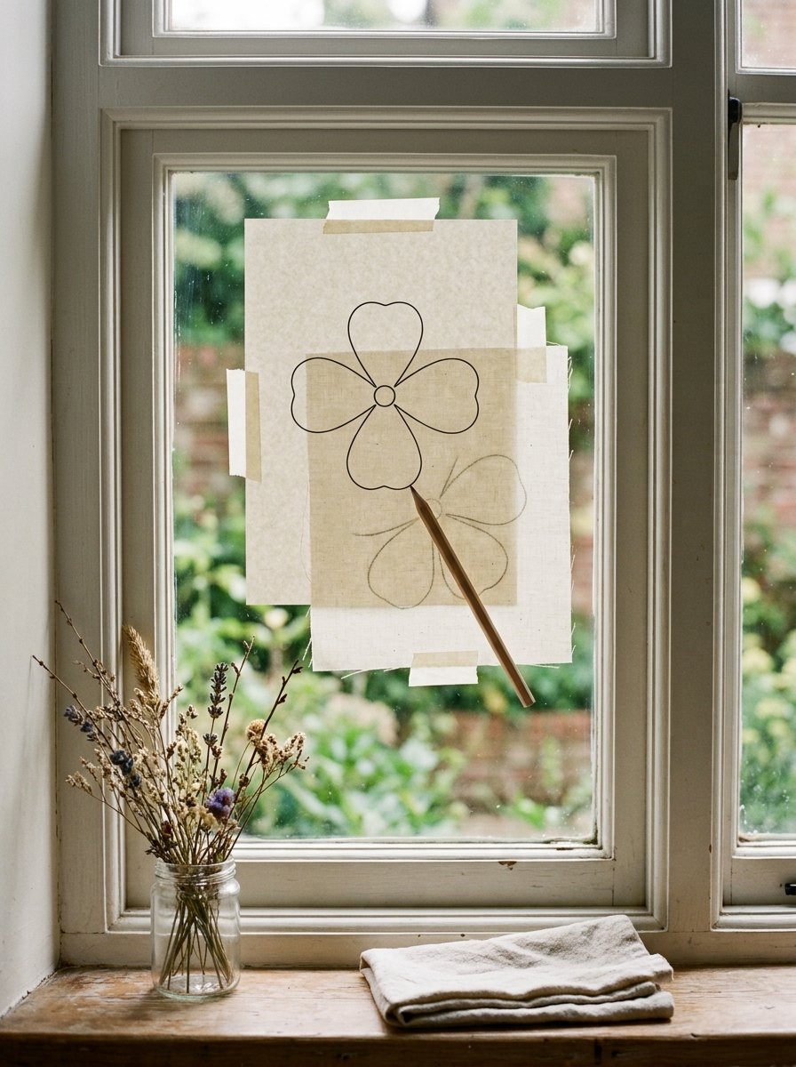 A flower outline taped to a window with cloth over it, the line glowing through to be traced