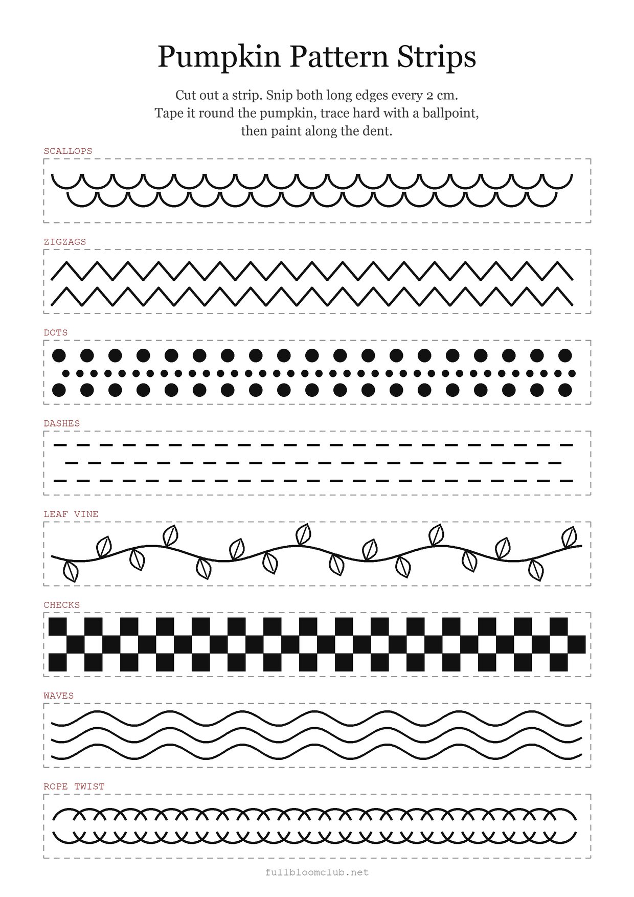 Free printable pumpkin painting ideas for adults: pattern strips of scallops, zigzags, dots, dashes, leaf vine, checks, waves and rope twist