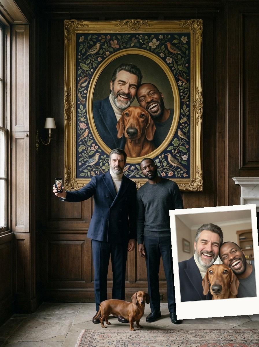 Two men and their dachshund in a panelled hall beneath a huge gilt portrait of the same laughing selfie, the original snapshot pinned beside it as a polaroid