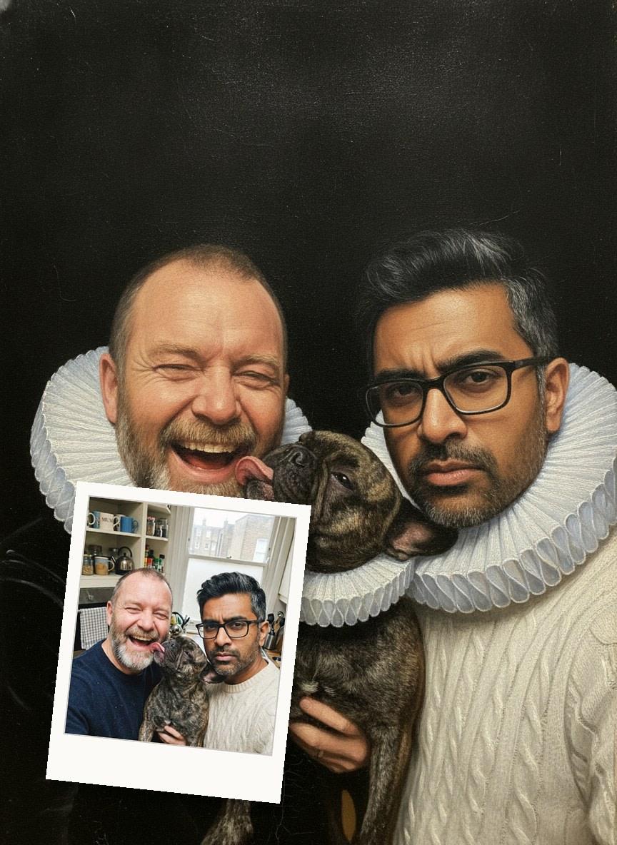 An example sitting: two men and their French bulldog, the selfie pinned over the free oil