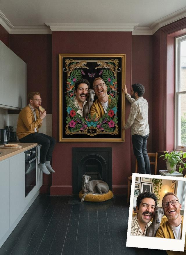 A velvet leopard-and-jungle portrait of two men and their Italian greyhound, far too big for their tiny top-floor flat, one man straightening it from a chair