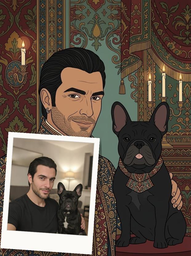 A man in an embroidered velvet coat by candlelight with his black French bulldog