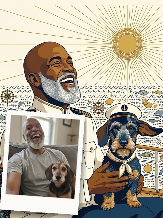 A laughing man in a white and gold captain's uniform on a yacht deck with his wire-haired dachshund on his lap
