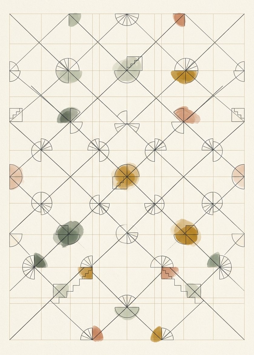 Composition diagram for geometric patterns to draw: a ruled armature of thin lines with small units hung at the junctions
