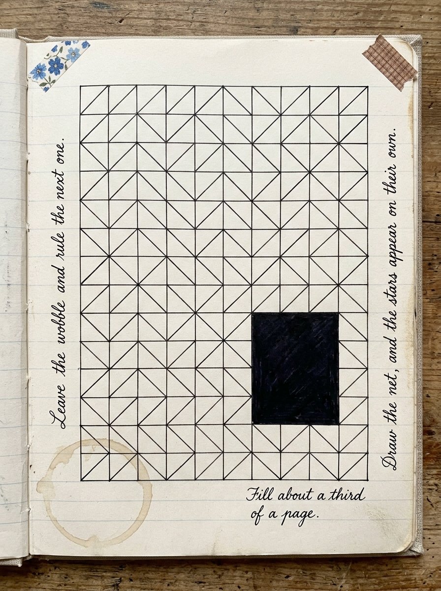 Geometric patterns to draw: artist journal page of ruled grid studies, each square carrying one turned diagonal, with handwritten margin notes
