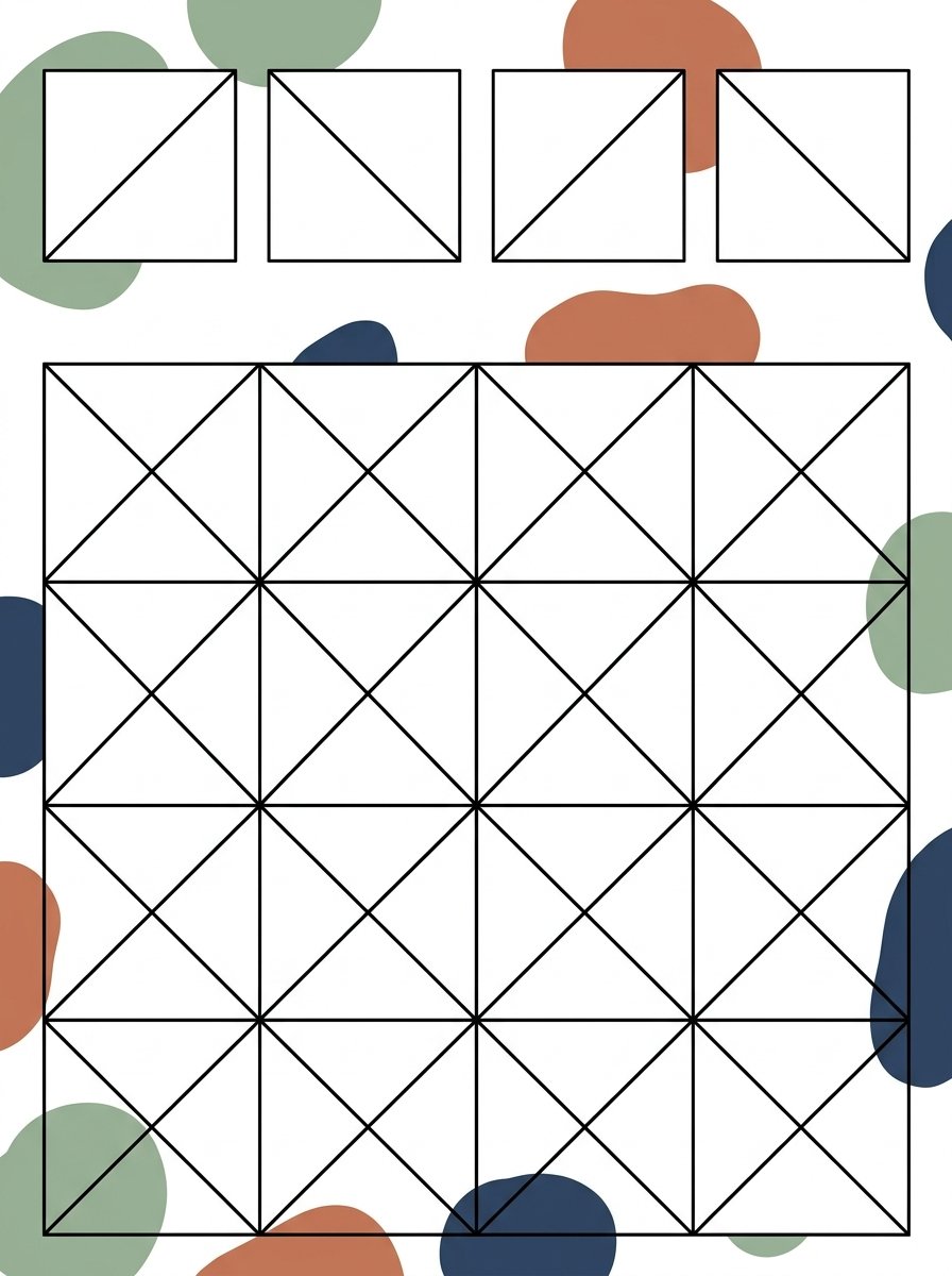 Geometric patterns to draw: one square tile split by a diagonal, shown turned four ways, then assembled into a block of 16 interlocking squares