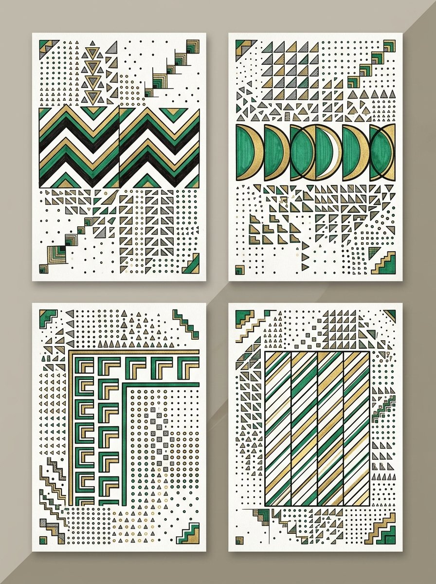 Four postcard layouts, each built on a different ruled geometric repeat in black ink with gold and green accents