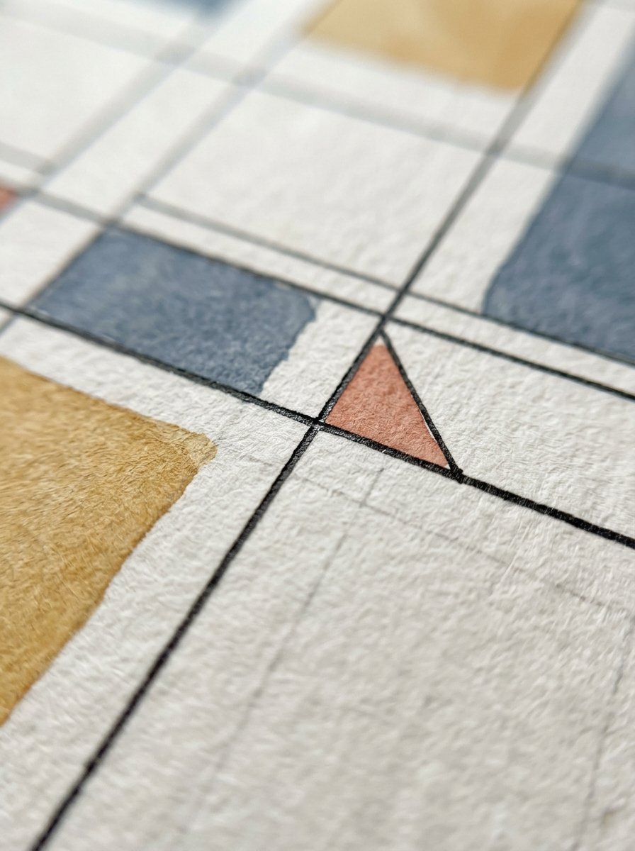 Macro photograph of two ruled ink lines crossing on paper, the corner cut off diagonally to start a repeat