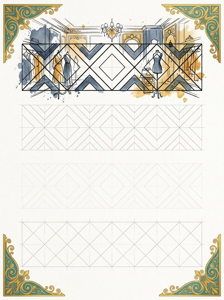 Tracing sheet for geometric patterns to draw: one ruled band repeated four times, fading from finished ink to an empty grid