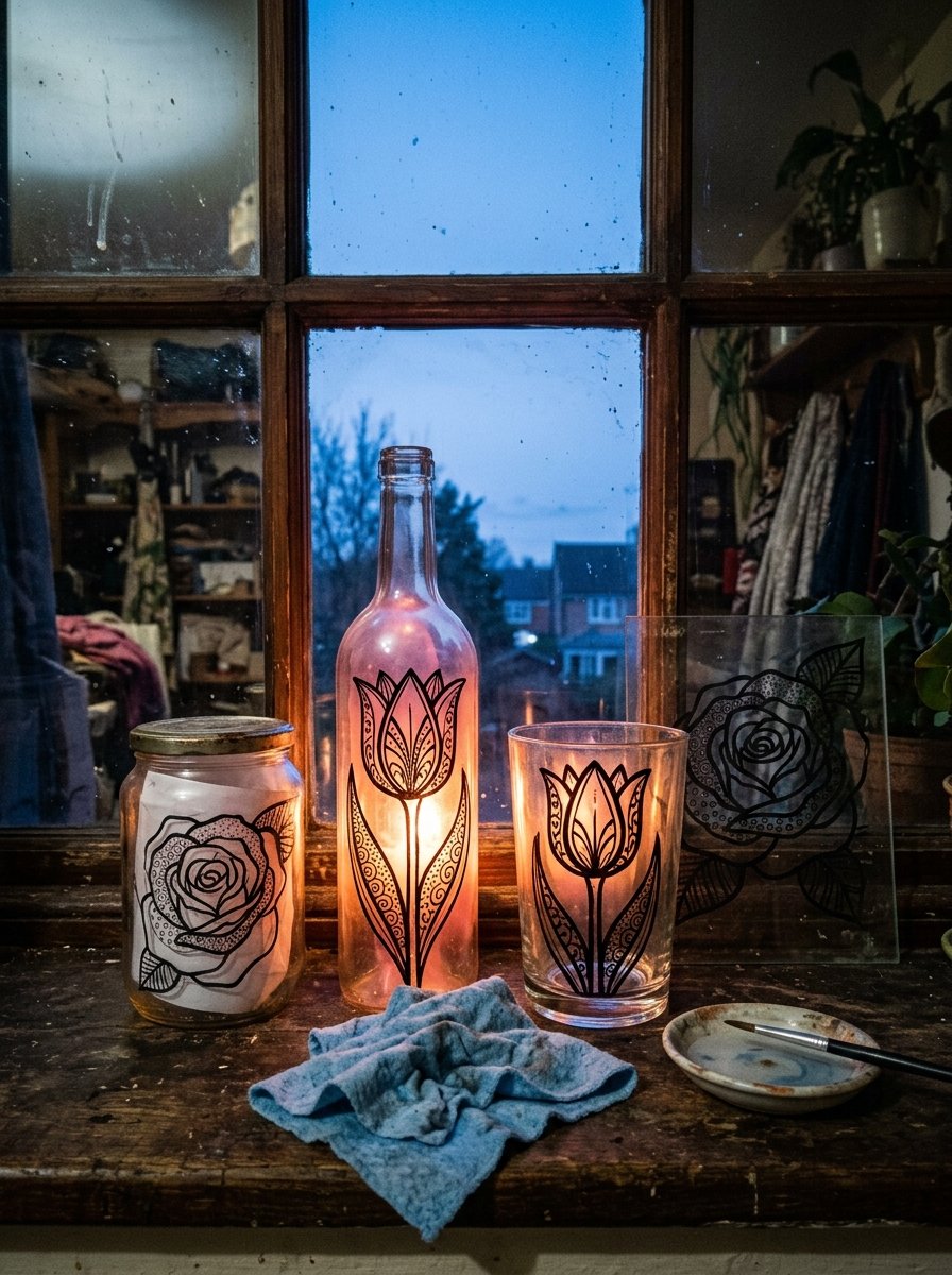 Glass painting ideas for beginners: painted jars, a bottle and a flat pane glowing on a windowsill at dusk