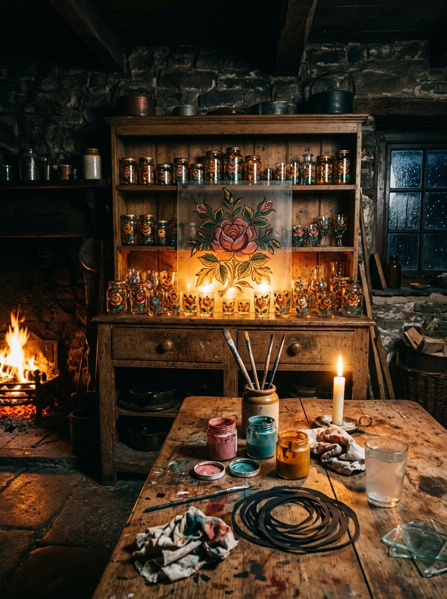 Glass painting ideas for beginners: a dresser of finished painted glass glowing by firelight