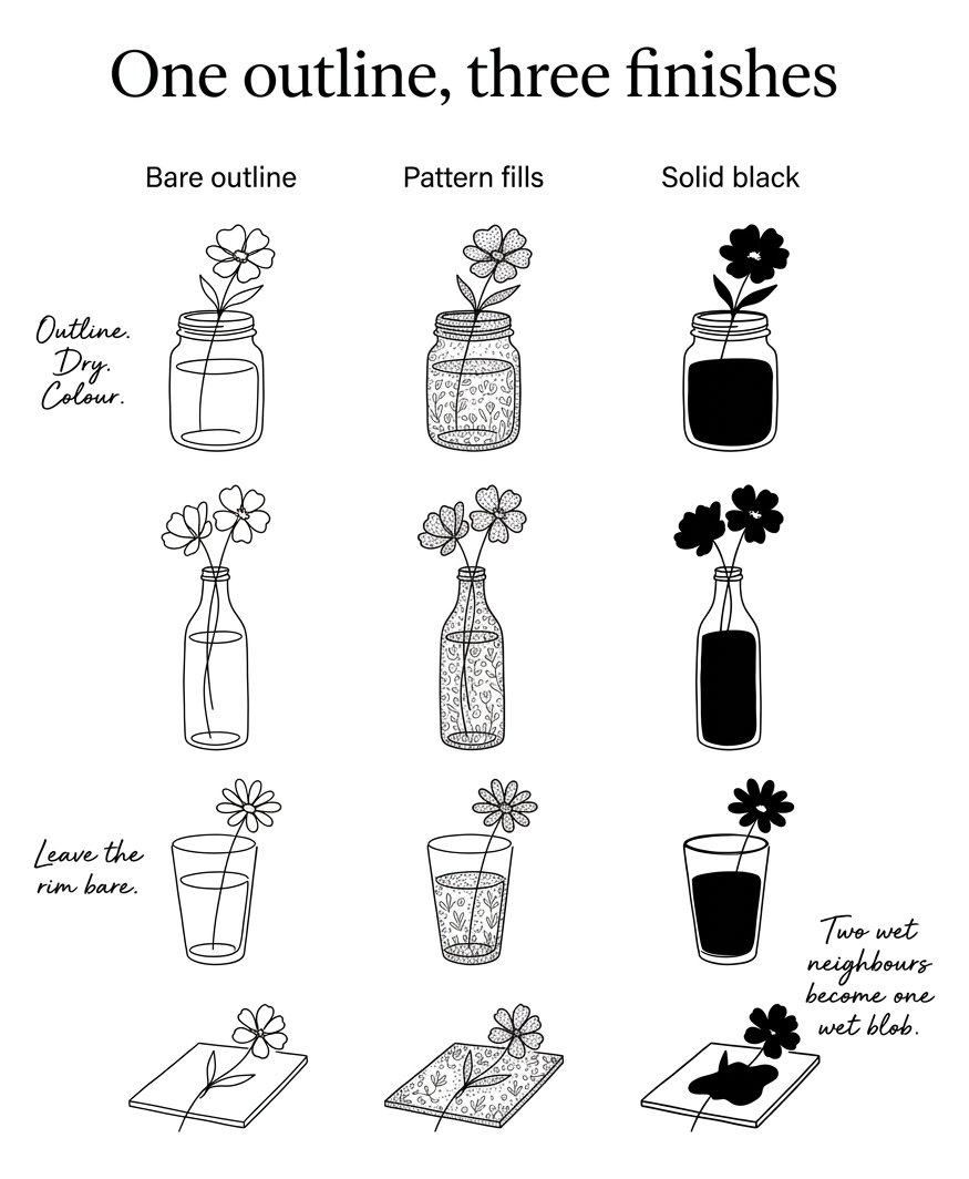 One outline, three finishes across 4 pieces of glass: bare, pattern-filled and solid black