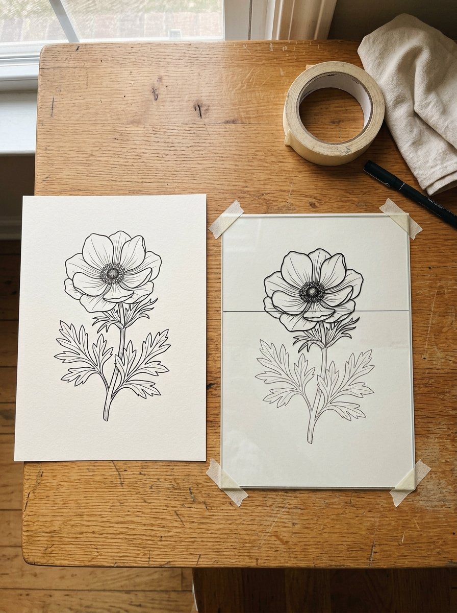 Glass painting ideas for beginners: a printed outline taped behind a flat pane, the top half traced
