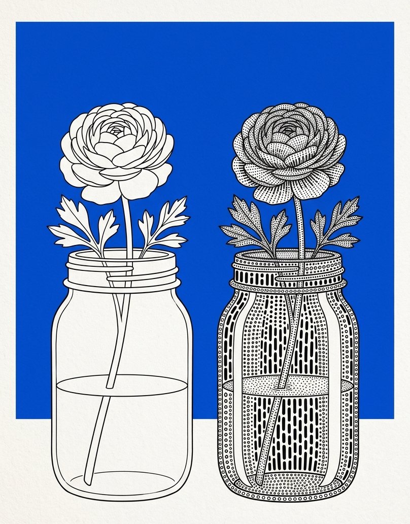 Glass painting ideas for beginners compared: one jar left as bare outline, one filled with pattern