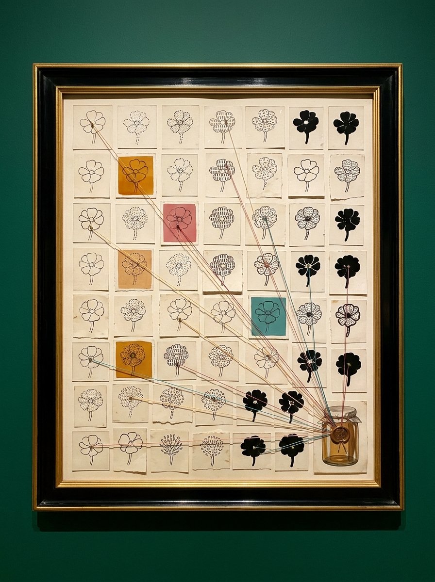 A framed panel packed with small painted-glass flower studies pinned and threaded together