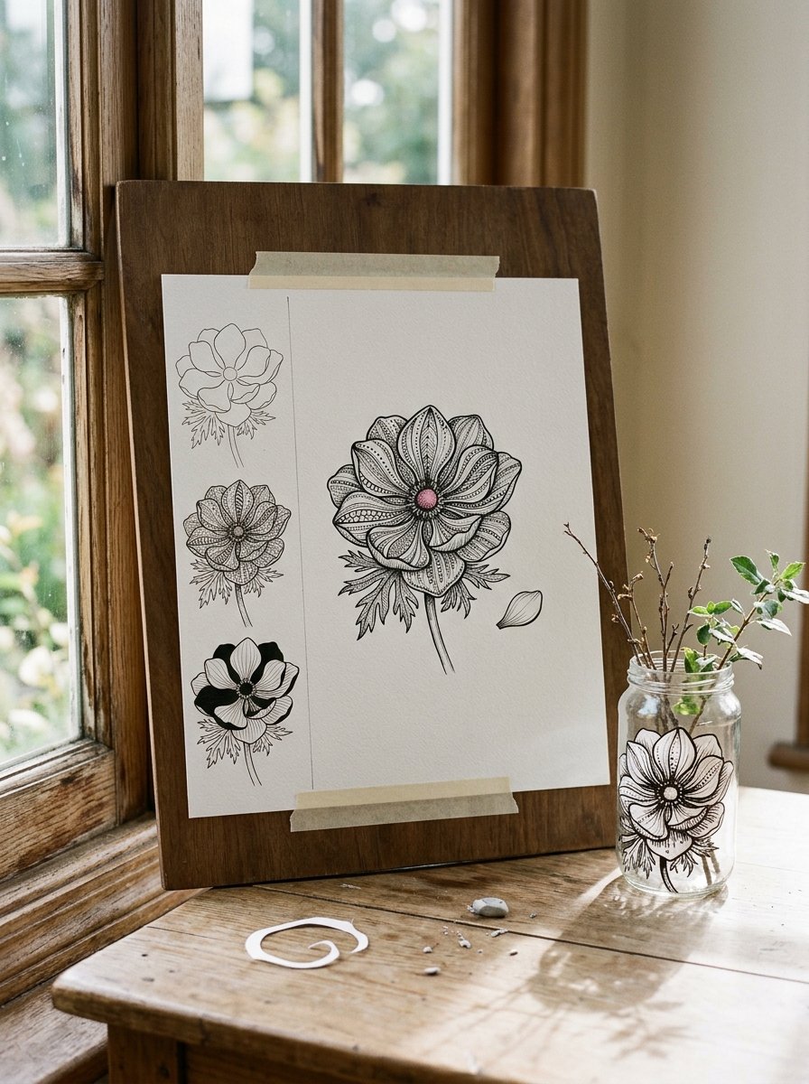 Glass painting ideas for beginners: a sheet taped to a board showing one flower traced, filled, then finished