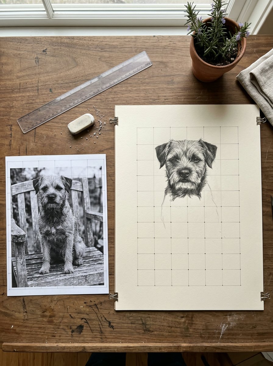 Grid method drawing in progress: a terrier photograph ruled with a grid beside a half-transferred pencil sketch