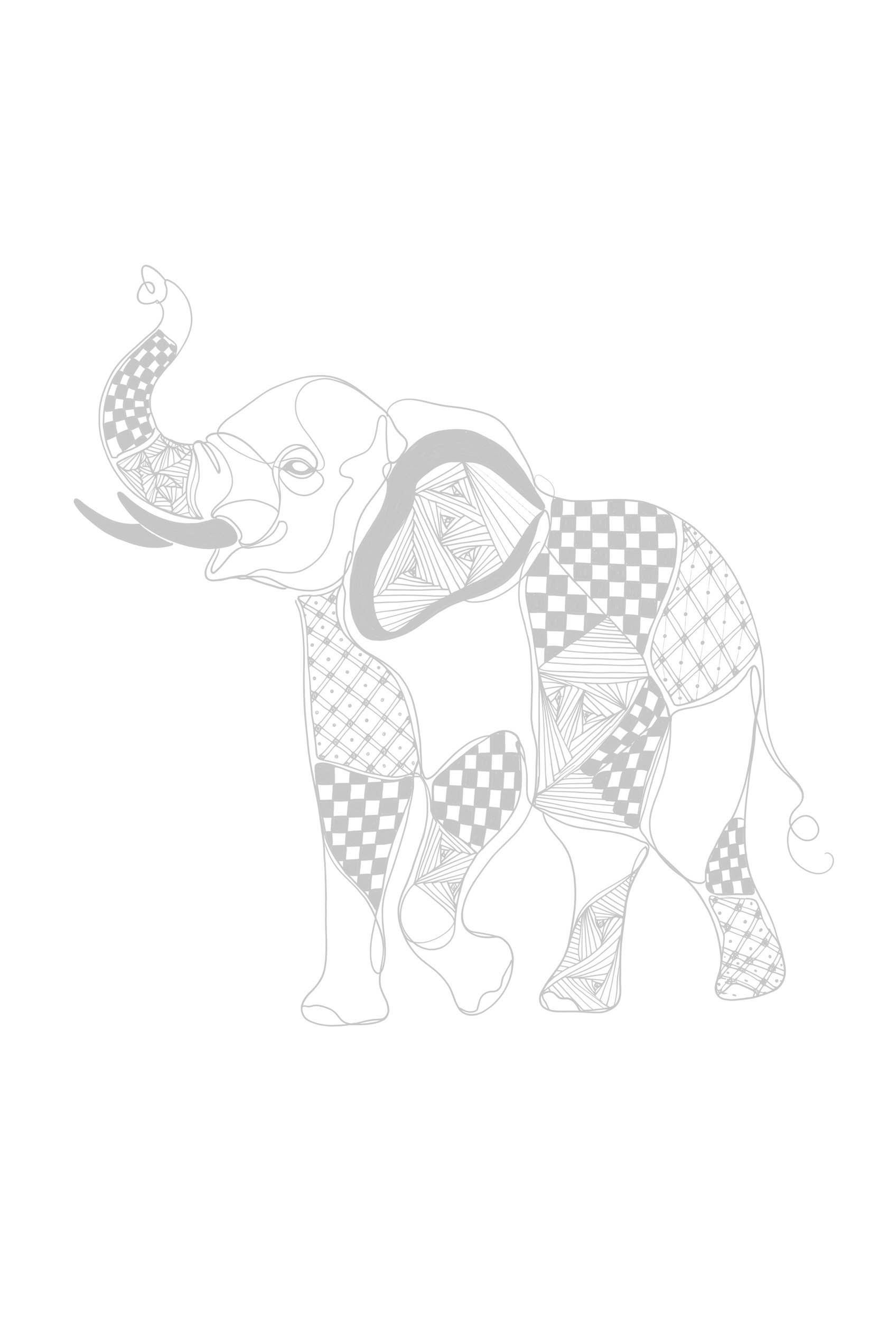 Faint elephant tracing sheet with patterned ear and trunk lines ready to trace