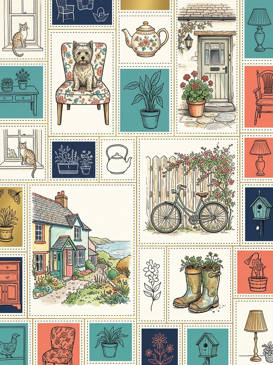 Wall art from family photos made with grid method drawing: a terrier on a chair, a teapot, a back door and a bicycle