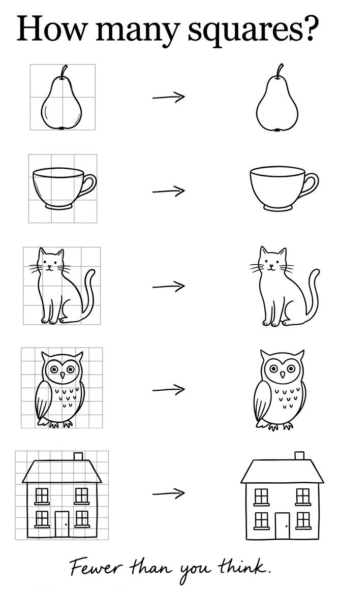 How many squares for grid method drawing: a pear, a teacup, a cat, an owl and a house