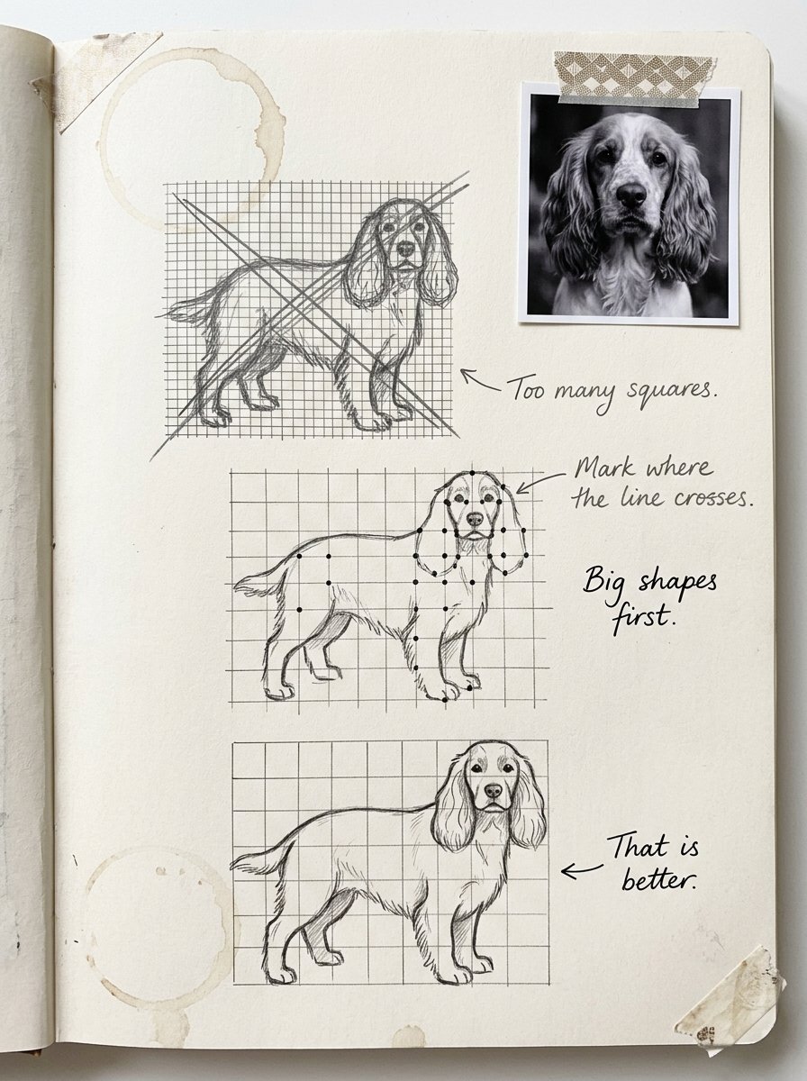 Grid method drawing on a journal page: 3 spaniel sketches, from too many squares to a clean drawing