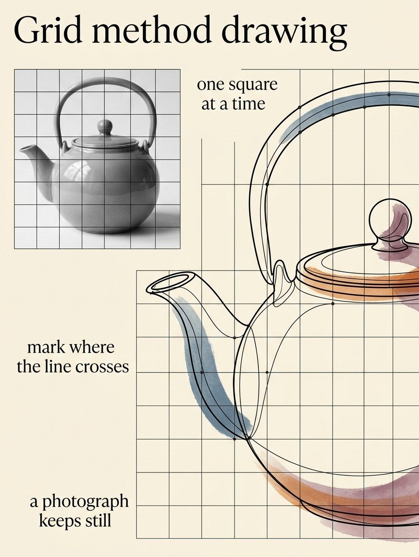 Grid method drawing diagram: a teapot photo ruled in squares and copied larger on a matching grid