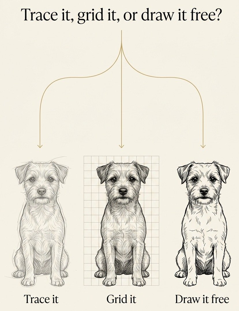 Is tracing cheating? The same terrier traced, drawn on a grid and drawn freehand