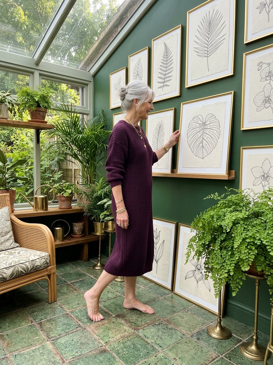 Hand embroidery patterns for beginners: a finished botanical line drawing set on a conservatory shelf, its maker stepping back to look