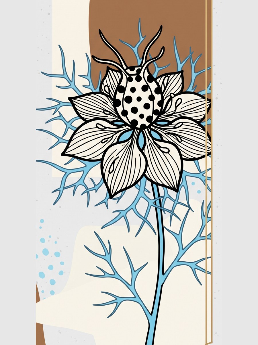 A nigella outline alone: petals, spidery bracts and a dotted pod, ready to trace