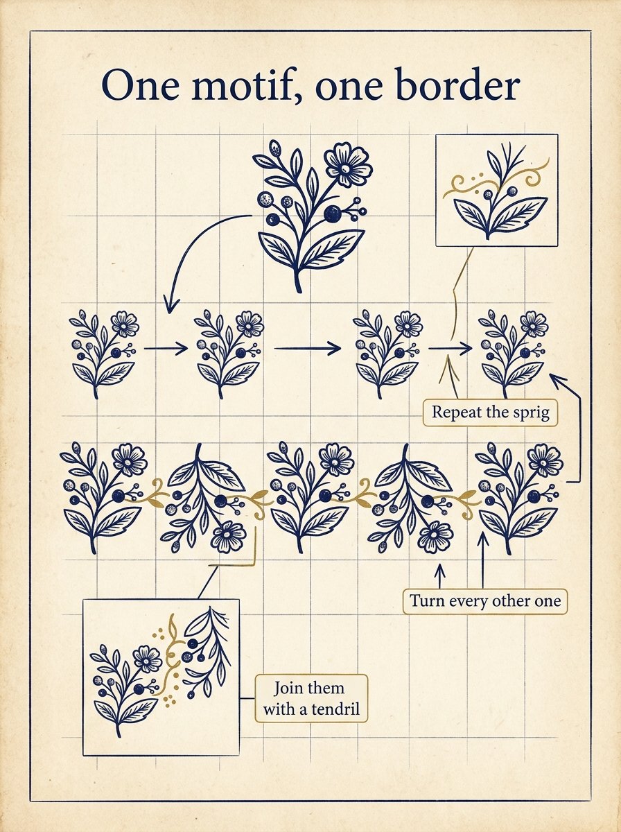 Hand embroidery patterns for beginners, one motif, one border: a traced sprig repeated along a grid and joined with tendrils