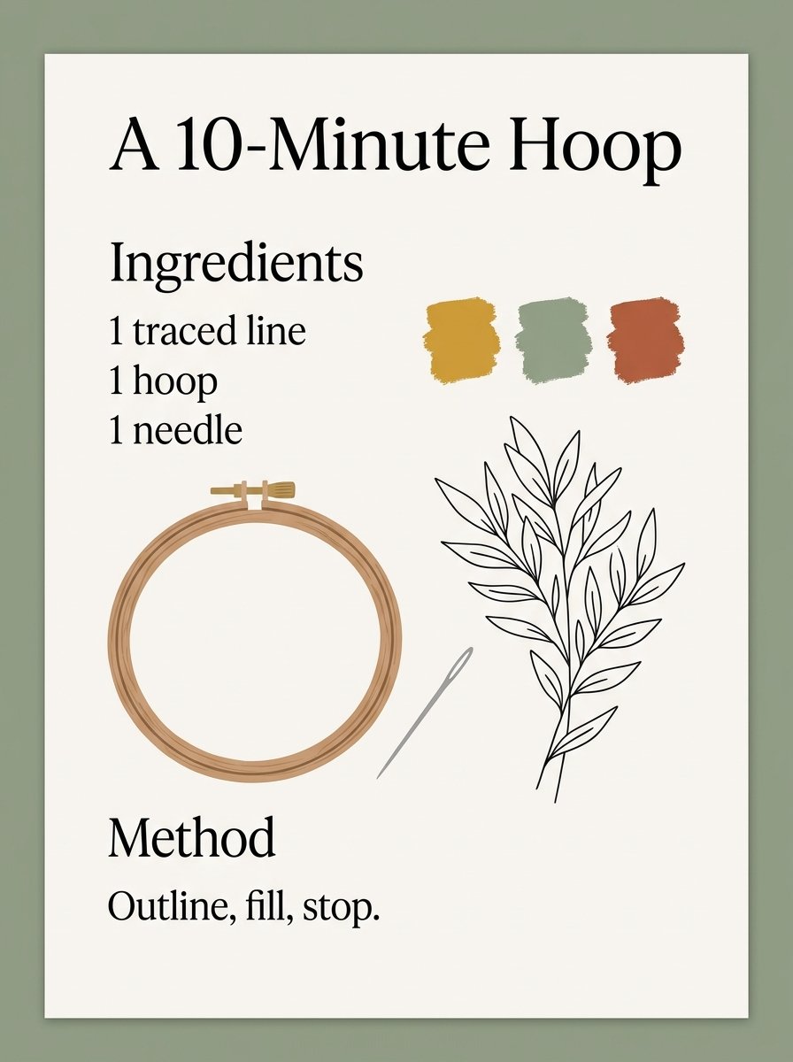 A 10-minute hoop written out as a recipe card: 1 traced line, 1 hoop, 1 needle