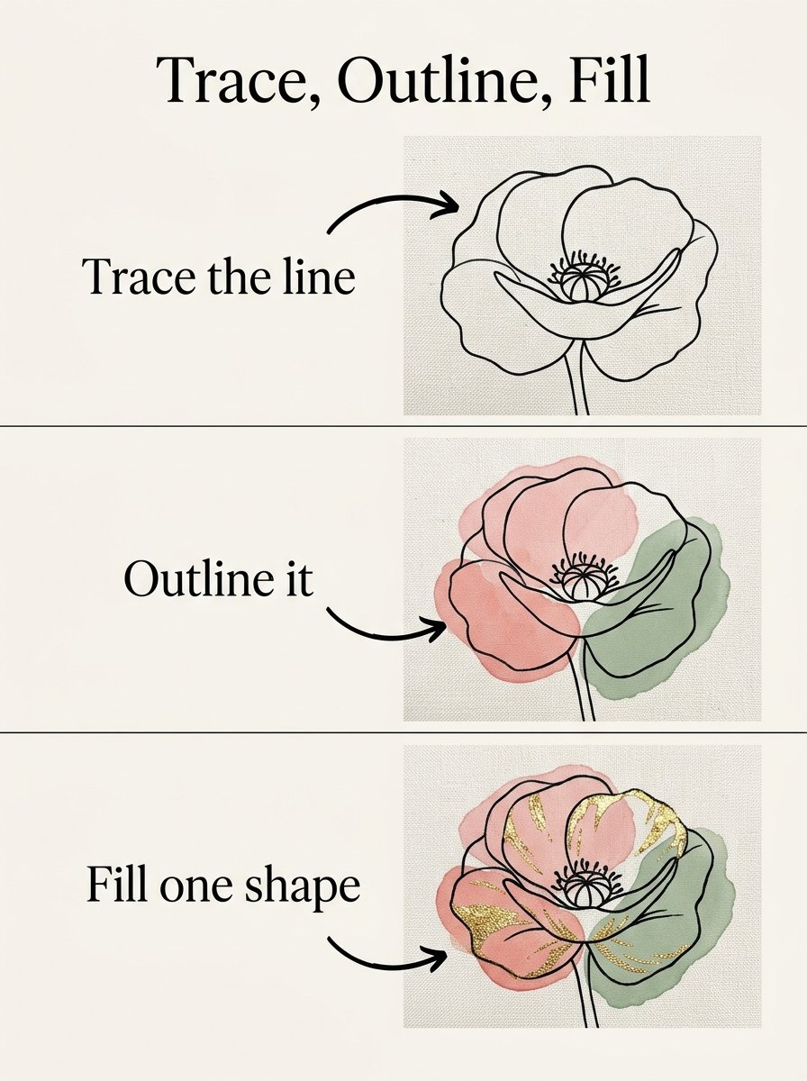 Free sheet for hand embroidery patterns for beginners: a poppy traced, outlined, then filled