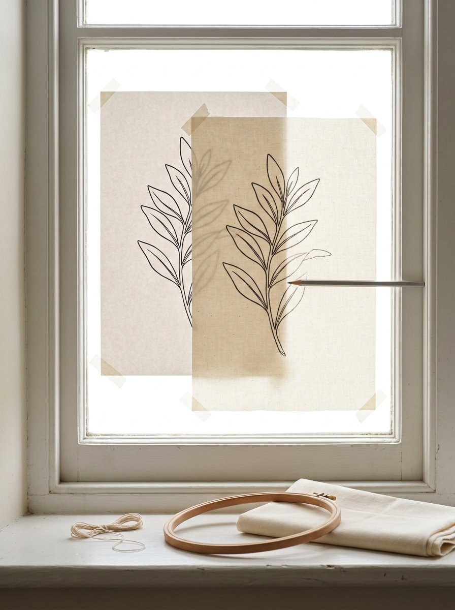 Hand embroidery patterns for beginners traced at a window: a printed botanical outline taped to the glass with cotton over it, the line glowing through