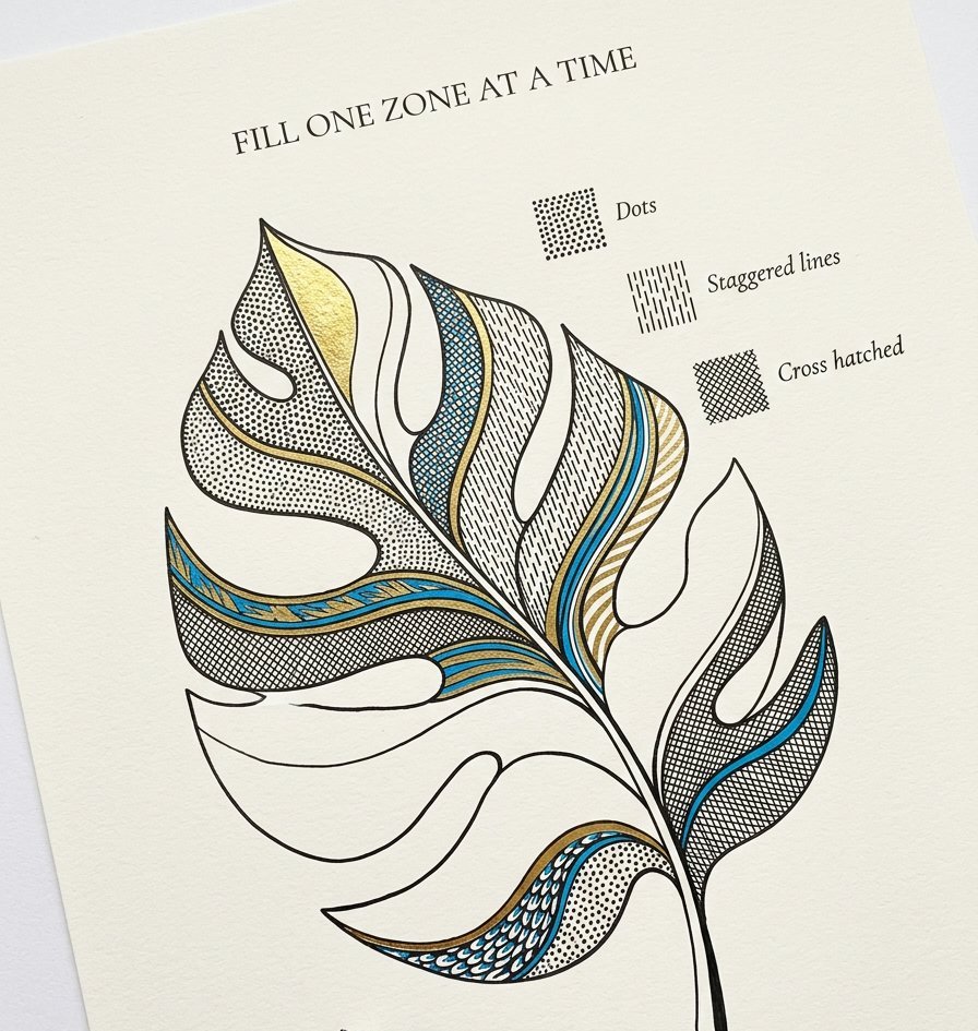 One leaf shape filled three ways with dots, staggered lines and cross hatching