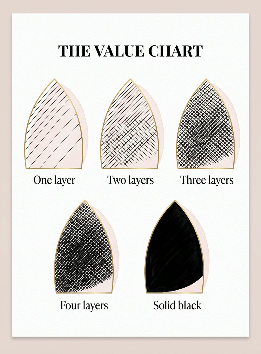 Free printable hatching and cross hatching value chart: 5 boxes from one layer to solid black