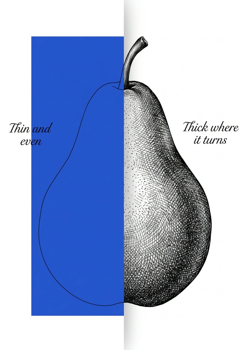 A pear shaded with swelling pen lines beside the same pear in thin even outline
