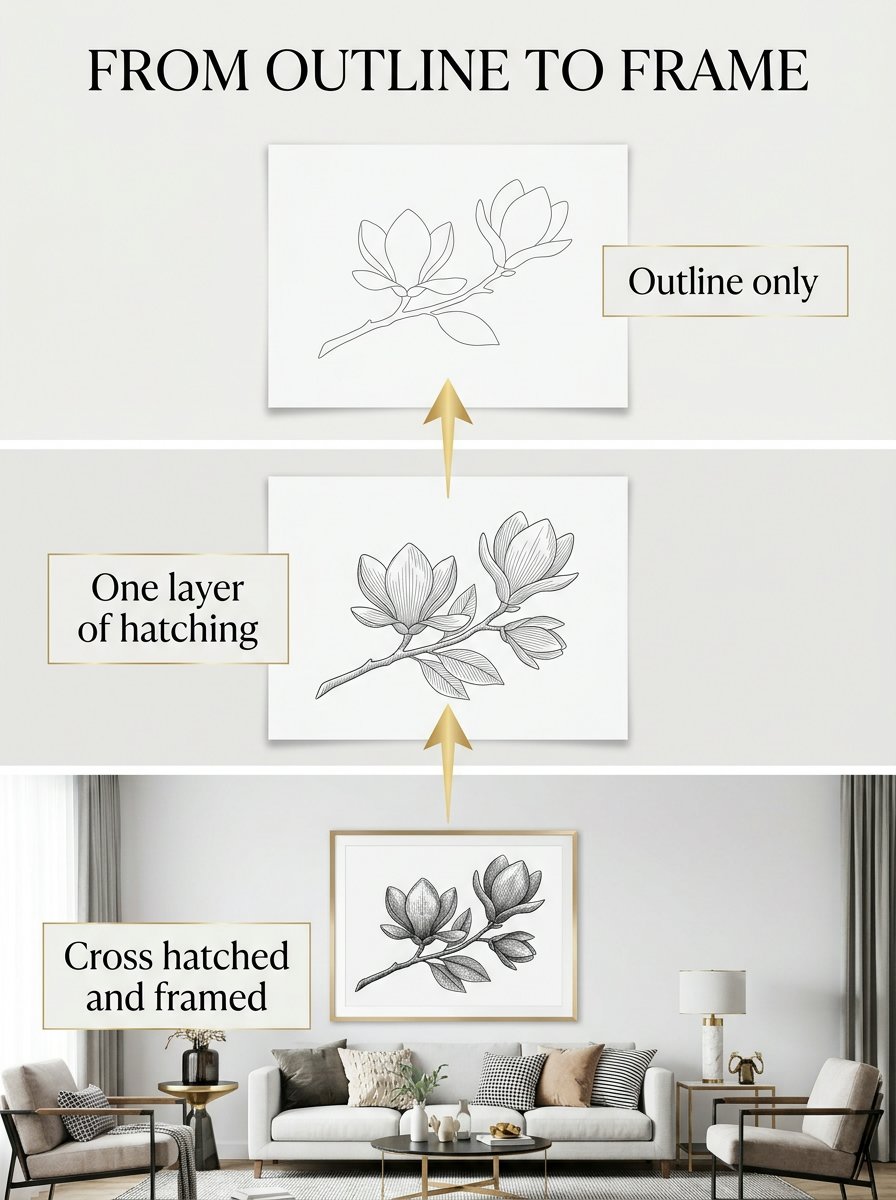 Hatching and cross hatching from outline to a framed magnolia branch in three stages