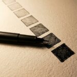 Hatching and cross hatching practice chart under raking lamplight, a pen resting on the squares