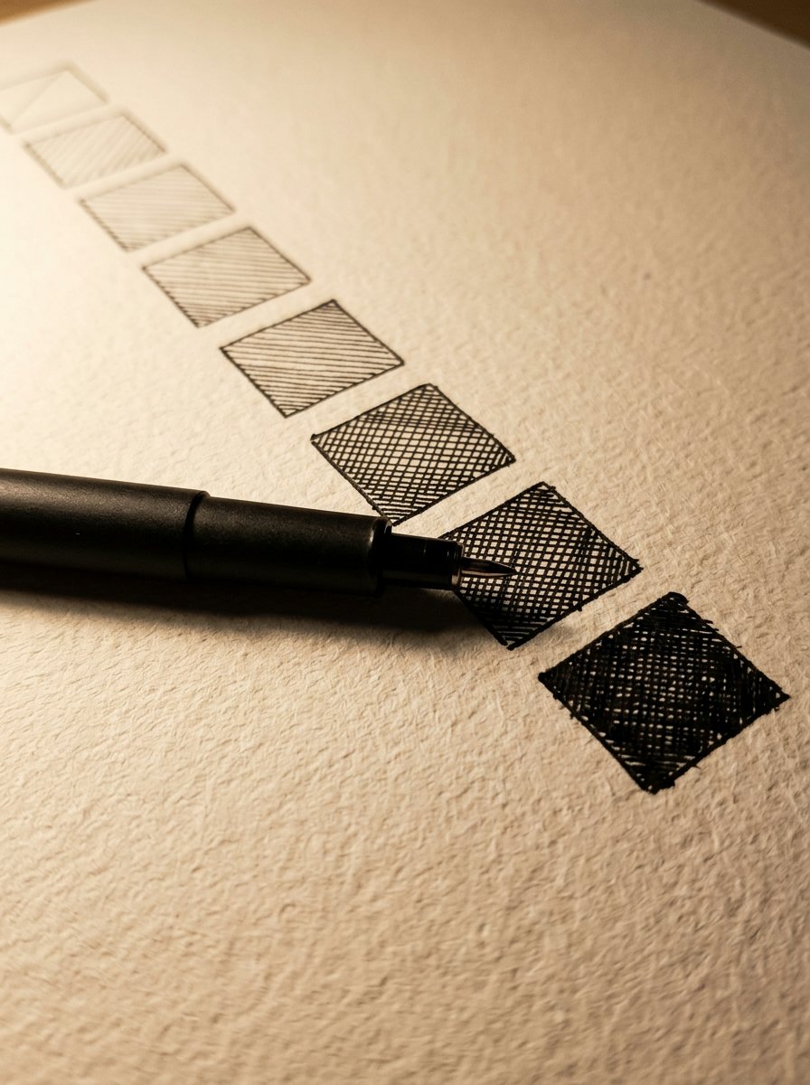 Hatching and cross hatching practice chart under raking lamplight, a pen resting on the squares