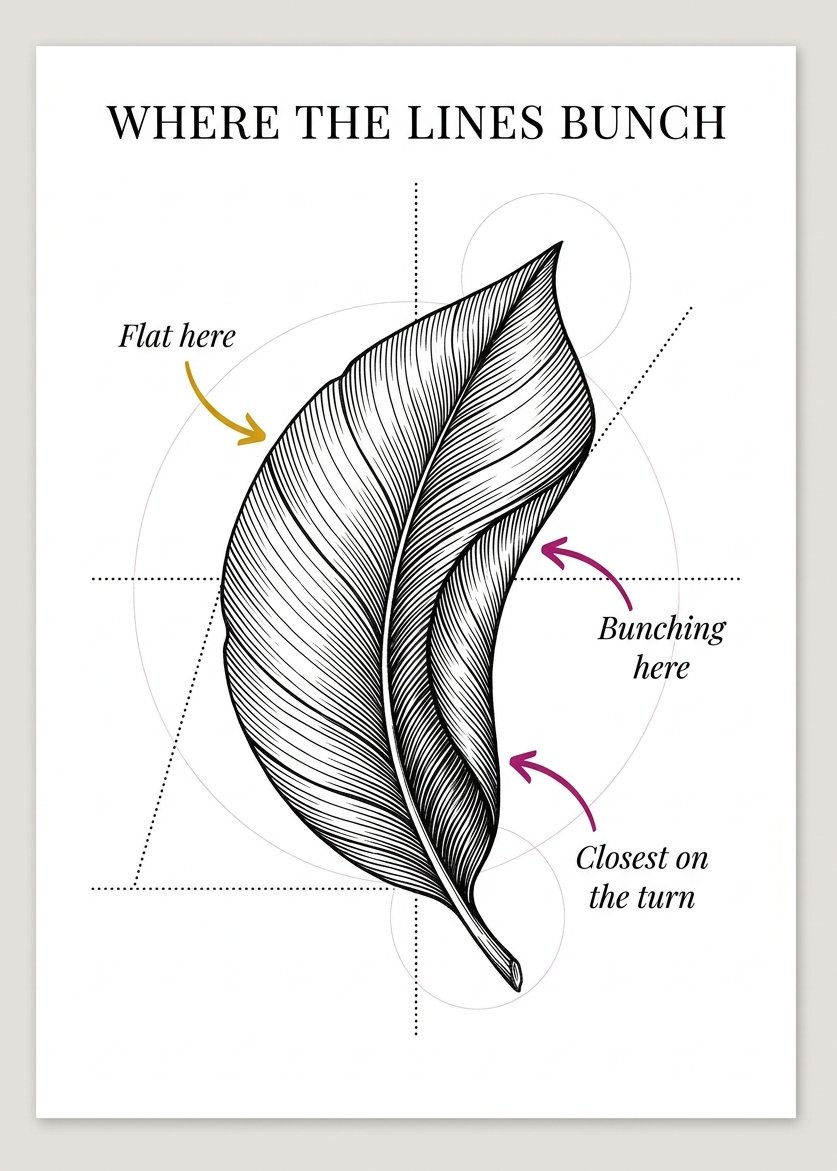 Hatching and cross hatching lines bunching closer together as a curled leaf turns away
