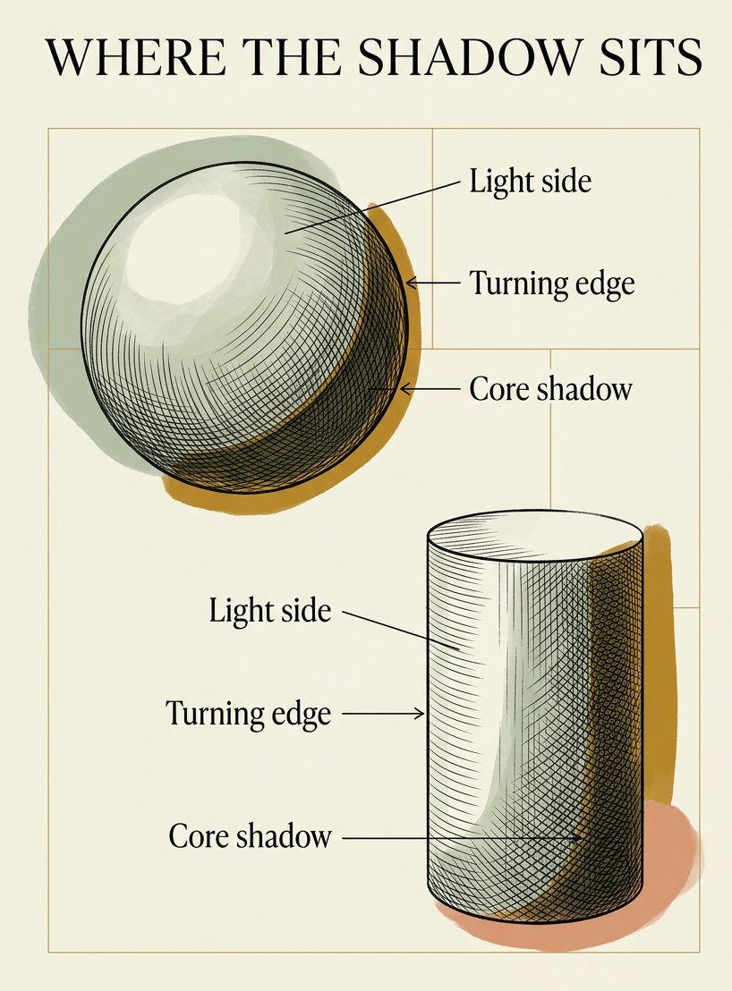 Hatching and cross hatching on a sphere and a cylinder: light side, turning edge, core shadow