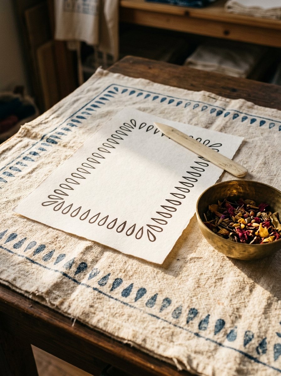 Henna designs on paper: a printed cloth border of tilted teardrops beside the same run hand-drawn on a sheet