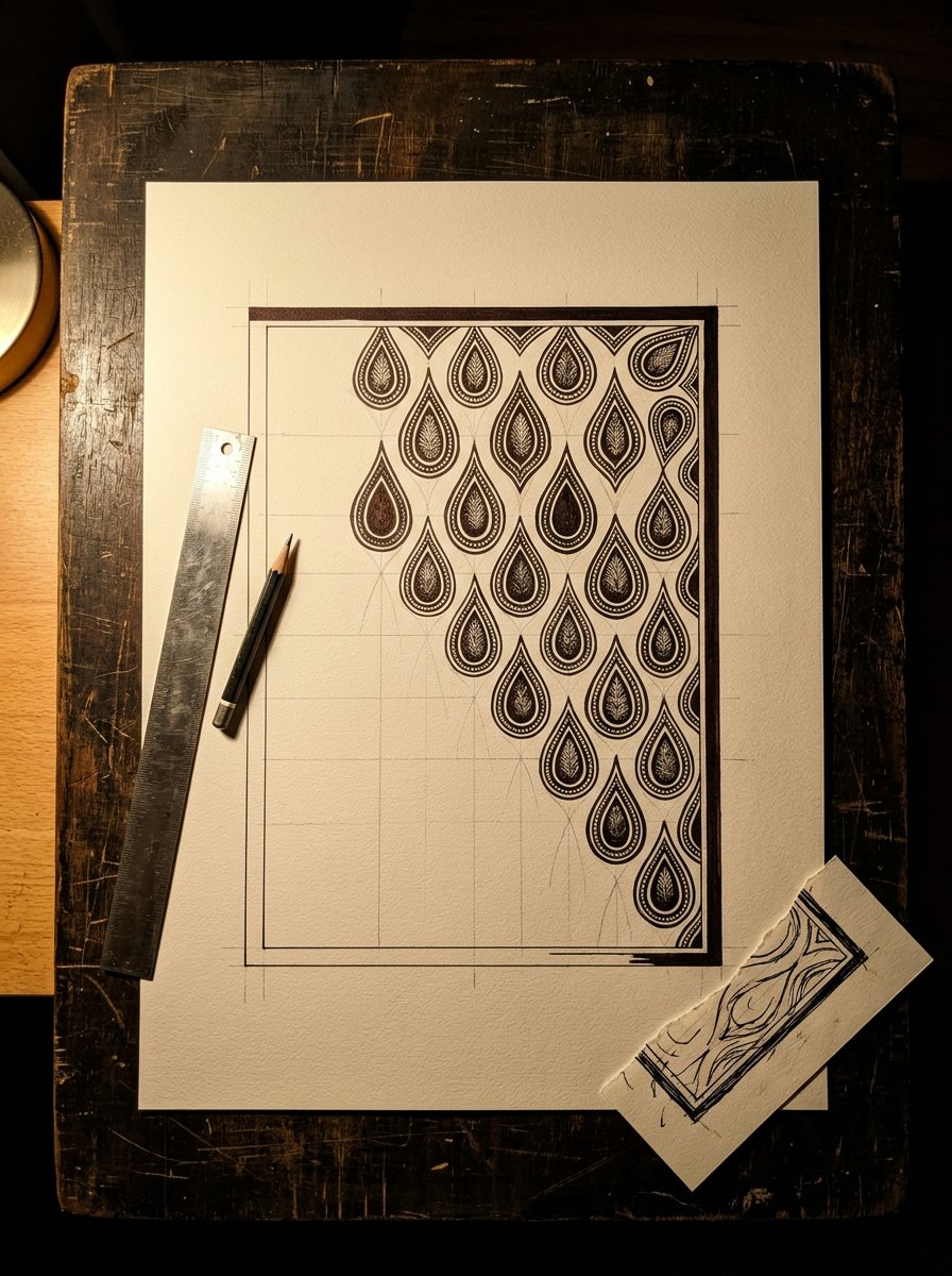Henna designs on paper at night: a filled panel whose outer border is drawn along only two sides so far