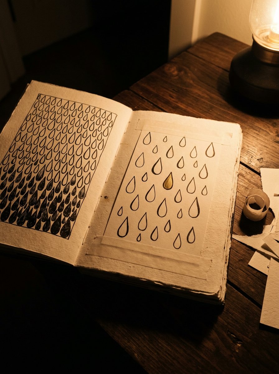 Henna designs on paper, a lamplit journal spread: one crowded panel of identical teardrops beside the same panel drawn with varied sizes and even gaps