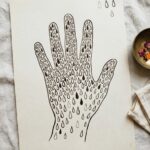 Henna designs on paper: a traced hand outline on cream paper filled with teardrop motifs at many sizes, dense at the fingertips