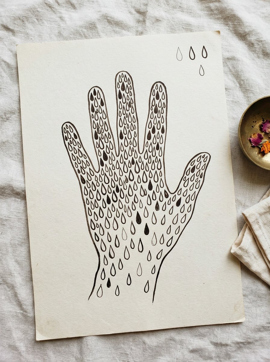 Henna designs on paper: a traced hand outline on cream paper filled with teardrop motifs at many sizes, dense at the fingertips
